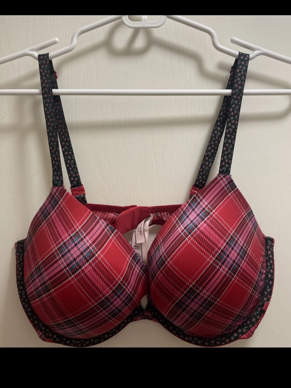 Victoria's Secret Red Plaid Underwire Bra with  padded push up Patterned Straps